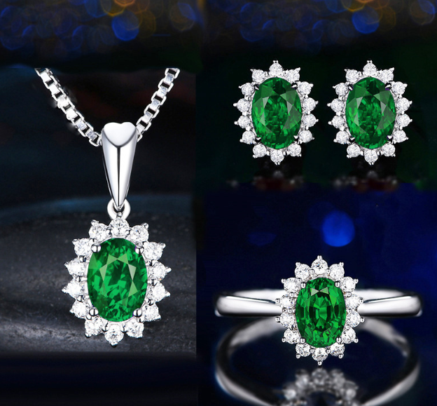 EMERALD LOOK PLATINUM PLATED ZIRCON PENDANT CHAIN EARRINGS RING SET!