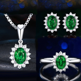 EMERALD LOOK PLATINUM PLATED ZIRCON PENDANT CHAIN EARRINGS RING SET!