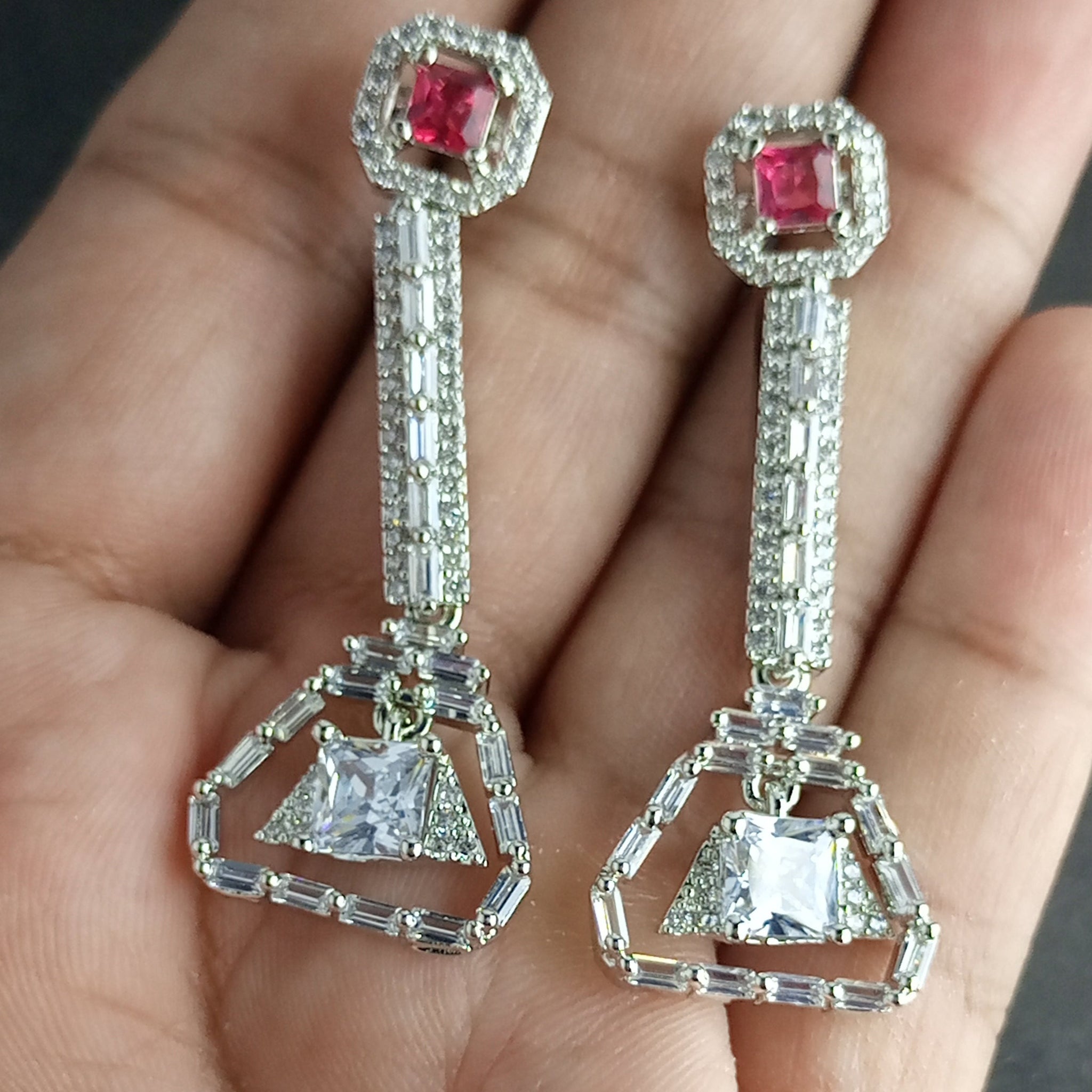 RUBY LOOK RHODIUM PLATED LUXURY EARRINGS