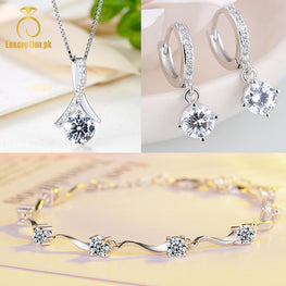 DIAMOND CUT LUXURY WEAR PLATINUM PLATED ZIRCON PENDANT CHAIN NECKLACE EARRINGS AND BRACELET!