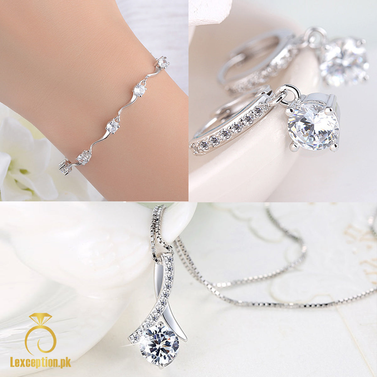 DIAMOND CUT LUXURY WEAR PLATINUM PLATED ZIRCON PENDANT CHAIN NECKLACE EARRINGS AND BRACELET!