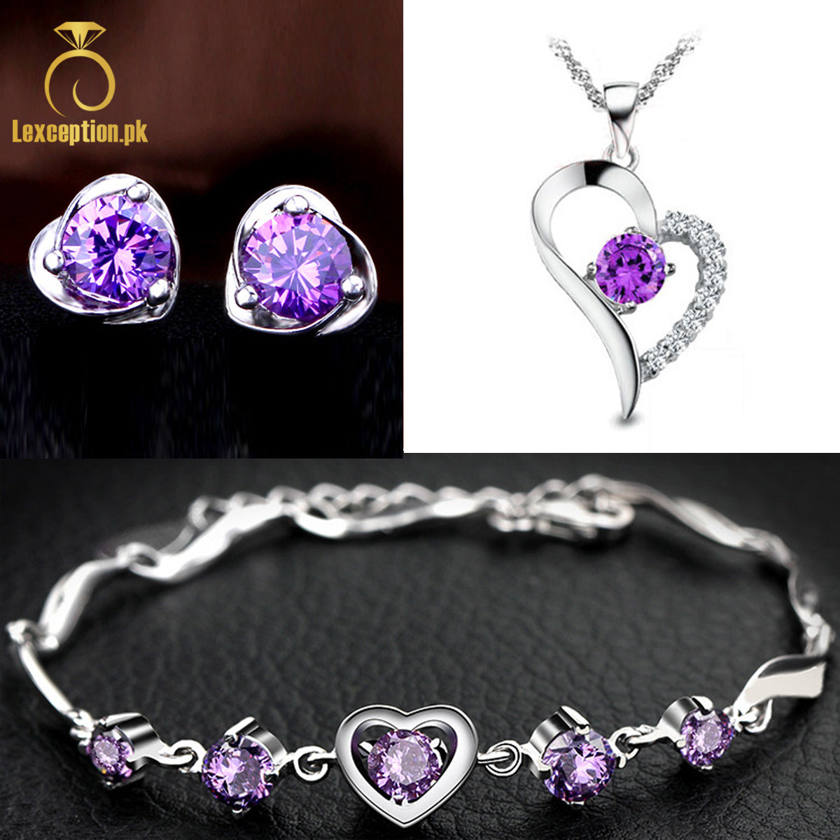 HEART THEME LUXURY PLATINUM PLATED ZIRCON PENDANT CHAIN EARRINGS BRACELET!